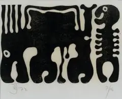 Wopko Jensma, Beasts; Lino Block, two, linocut on paper and lino block