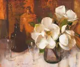 Irmin Henkel, Still Life with Magnolias, Bottles and Wine Glasses, oil on canvas