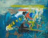 Fred Schimmel, Abstract in Blue, mixed media on board