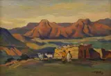 Landscape with Figures and Goats by Walter Battiss, oil on wood panel, sold May 2019