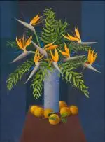 Diamond Bozas, Still Life with Strelitzias, Oranges and Ferns, oil on board