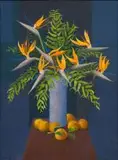 Diamond Bozas, Still Life with Strelitzias, Oranges and Ferns, oil on board