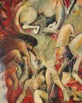 Minnette Vári, Composition with Figures and Horse, acrylic on canvas