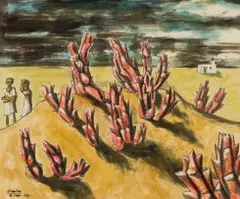 Peter Clarke, Landscape with Red Succulents, coloured ink on paper