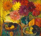 Still Life with Fruit and Dahlias by Irma Stern, oil on canvas, sold May 2019