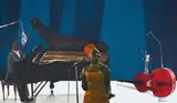 Sam Nhlengethwa, The Jazz Player, Miriam Makeba, oil and collage on canvas