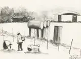 Sam Nhlengethwa, Three Workers, charcoal on paper