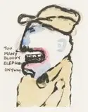 Robert Hodgins, Too Many Bloody Elephants anyway, single-colour lithograph with hand colouring