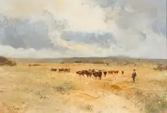Herder and Cattle by Christopher Tugwell, oil on canvas laid down on board, offered Mar 2019
