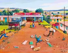 The Flight of the Foreign Hawkers by Siyabonga Sikosana, acrylic on canvas, sold Mar 2019