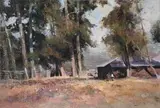 Errol Boyley, Workers by Outbuildings, oil on canvas laid down on board