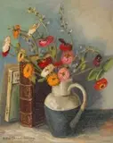 Bettie Cilliers-Barnard, Still Life with Jug of Zinnias and Books