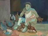 Alexander Podlashuc, Man with Chickens, oil on board