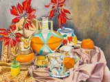 Aleta Michaletos, Still Life with Poinsettias, oil on canvas laid down on board