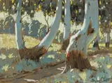 Path between Bluegums by Sydney Carter, watercolour on card, offered Mar 2019
