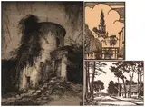 William Timlin, The Old Fort, Grahamstown; At Rondebosch, Cape; Brussels, three, one etching; two woodcuts