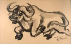 Lucas Sithole, Buffalo, brush and ink on paper laid down on card