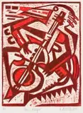Anna Alcock, Bass Player, colour woodcut