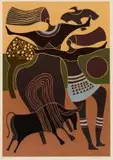Lucky Sibiya, Figures and Birds, colour screenprint