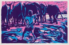 Nhlanhla Xaba, Homeward Bound II, three-colour woodcut