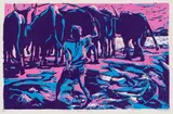 Nhlanhla Xaba, Homeward Bound II, three-colour woodcut