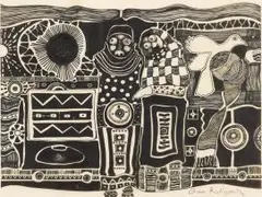 Dan Rakgoathe, Abstract Composition with People and Bird, pen and ink on paper