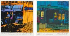 Paul Blomkamp, Riverside Caffé – Village Walk; Magaliesberg, woodcut and screenprint