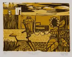 Backyard by Peter Clarke, colour linocut, sold Oct 2018