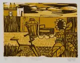 Peter Clarke, Backyard, colour linocut