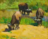 Three Buffalo by Zakkie Eloff, oil on canvas laid down on board, sold Oct 2018