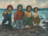 Children Fishing by Amos Langdown, oil on canvas laid down on board, sold Oct 2018