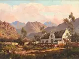 Tinus de Jongh, Cape Dutch House Nestled Between the Mountains, oil on canvas