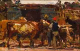 Adriaan Boshoff, Herding Cattle, oil on canvas laid down on board
