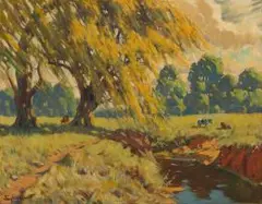 Sydney Carter, Landscape with Willows and Cattle, oil on canvas