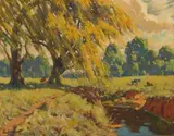 Sydney Carter, Landscape with Willows and Cattle, oil on canvas
