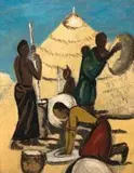Bantu Women Grinding Mealies, recto; Abstract Composition, verso by Pranas Domšaitis, oil on artist's board, offered Oct 2018