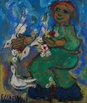 Frans Claerhout, Figure with Three White Birds and Flowers, oil on board