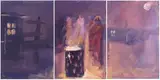 Ricky Ayanda Dyaloyi, Warmed by the Fire, triptych, oil on canvas