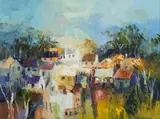 Margaret Gradwell, Village Scene, oil on canvas laid down on board