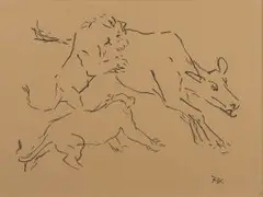 Fritz Krampe, Lion Kill, pen and ink on paper