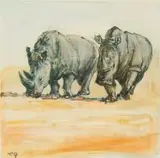 Rhinos by Zakkie Eloff, watercolour and pastel on paper, offered Oct 2018