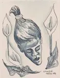 Peter Clarke, Head with Flowers, watercolour and ink on paper