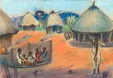 Pranas Domšaitis, Figures in a Kraal, pastel on paper
