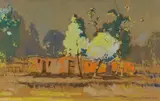 Cottages with Flowering Trees by Walter Battiss, watercolour on card, sold Oct 2018
