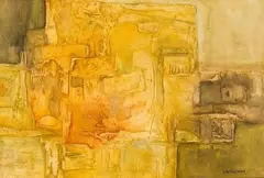 Yellow Abstract by Jan Dingemans, mixed media on board, offered Jun 2018