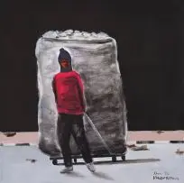 Full Load by Sam Nhlengethwa, oil and collage on canvas, sold Feb 2019