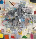 Thameur Mejri, Two Figures at War, 2016, charcoal, pencil, pastel and acrylic on canvas