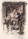 William Kentridge, Preparations in the Ante-Chamber, charcoal with white gold paint and pastel on paper