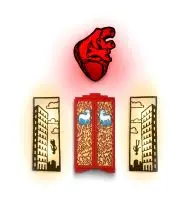 Conrad Botes and Brett Murray, The Voodoo, 2001, painted wooden sculpture, reverse glass painting, metal and plastic wall lights