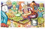 Thomas Motswai, Young Mothers of Hawkers in Mabopane, colour lithograph